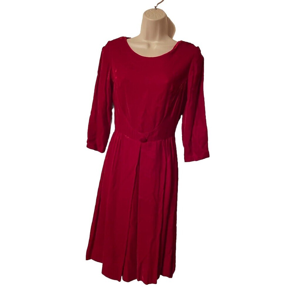 Fit to Flare Handmade Cherry Red Velvet Dress Vintage Button Detail Womens Small